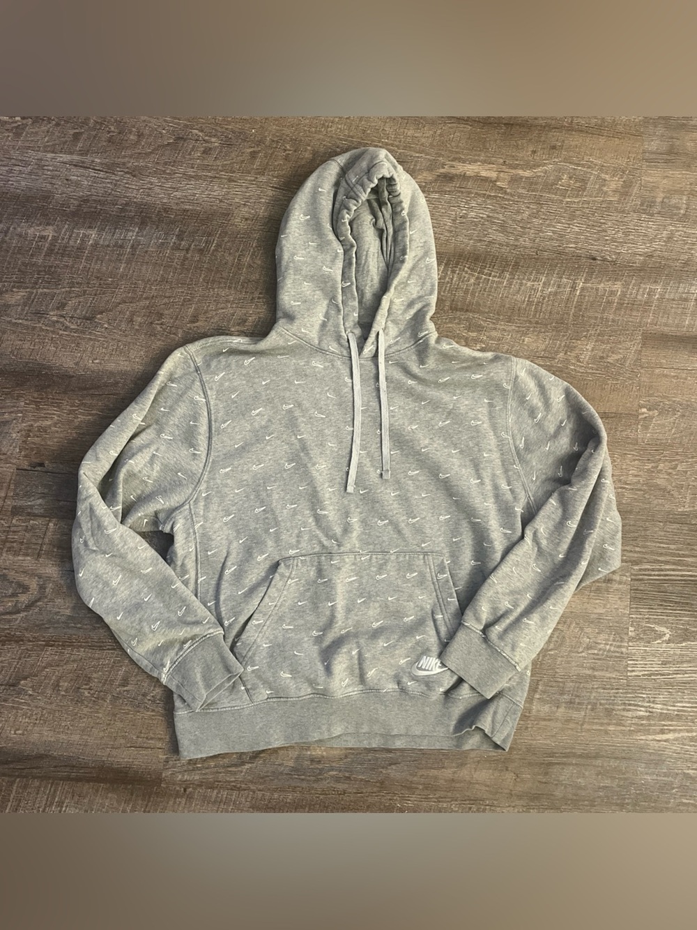 Nike Sportswear All Over Print Mini Swoosh Hoodie Sweatshirt Gray White Medium
